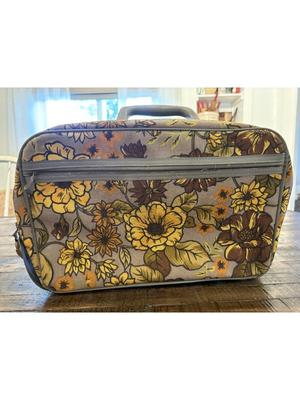 Vintage BANTAM Travel 1960’s Fabric Canvas Yellow Gray Floral Suitcase Retro